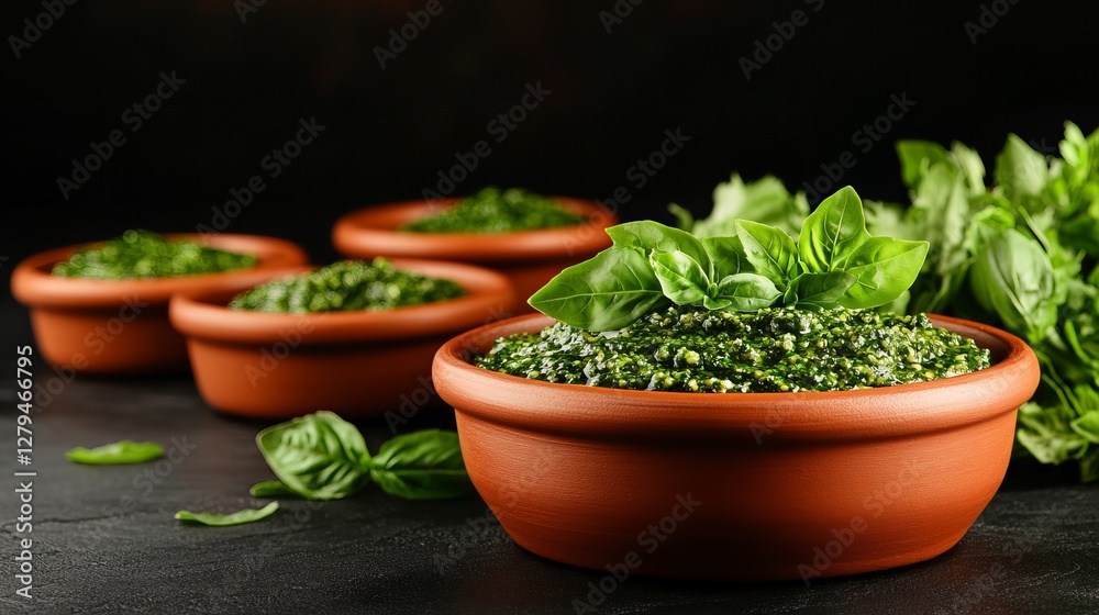 Fresh pesto in terracotta bowls. The vibrant green sauce is garnished with basil leaves, set against a dark background. Fresh pesto in terracotta bowls. The vibrant green sauce is garnished with basil leaves, set against a dark background.