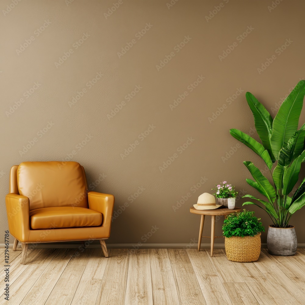 Fototapeta premium Mustard Yellow Leather Armchair in Minimalist Brown Room Interior
