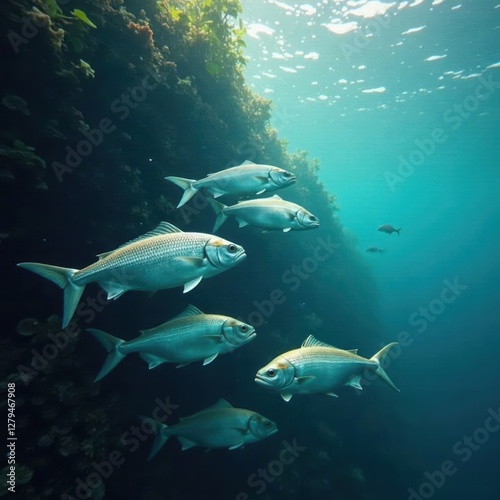 Flock of silvery fish swimming near a submerged fishing net  sea creatures  aquatic