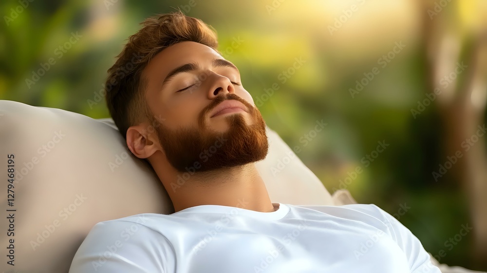 Young bearded man with closed eyes relaxing outdoors on white cushion, expressing serenity and mindfulness in natural sunlit environment. Young bearded man with closed eyes relaxing outdoors on white cushion, expressing serenity and mindfulness in natural sunlit environment.