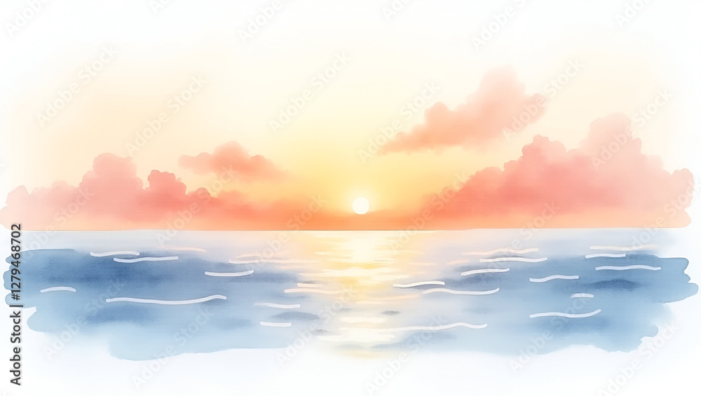 Fototapeta premium Stunning watercolor painting depicting a serene sunset over a calm ocean. Beautiful blend of warm colors creating a peaceful ambiance jpg