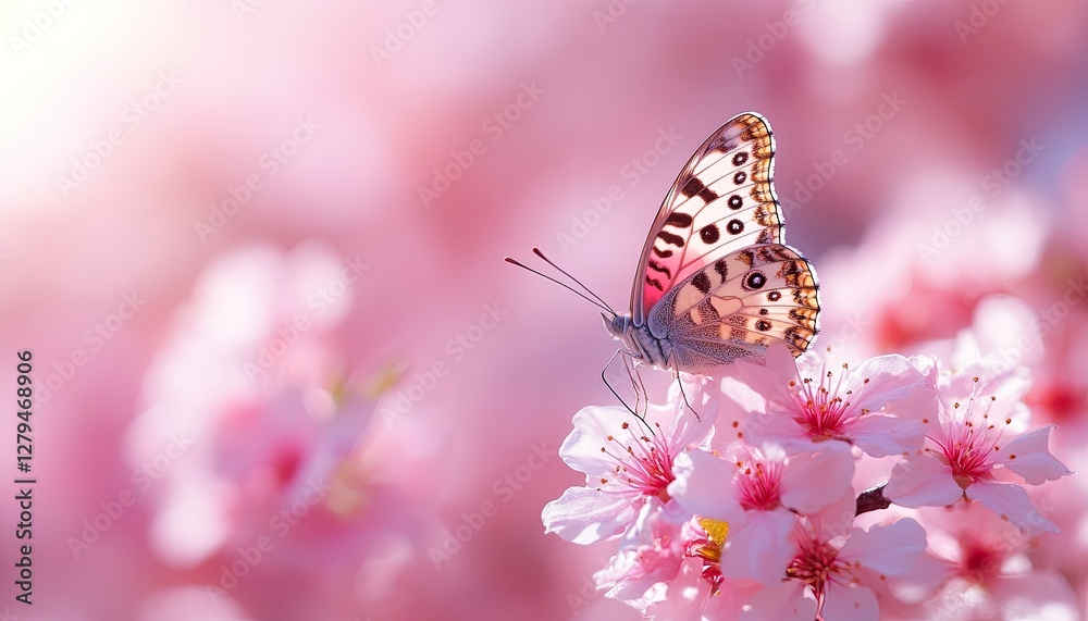 A delicate butterfly rests on pink cherry blossoms, bathed in soft sunlight. Perfect for spring themes, nature websites, or greeting cards. A delicate butterfly rests on pink cherry blossoms, bathed in soft sunlight. Perfect for spring themes, nature websites, or greeting cards.