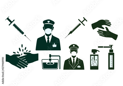 Vector Illustration of Healthcare and Safety Measures: Vaccination, Hand Hygiene, and Sanitization