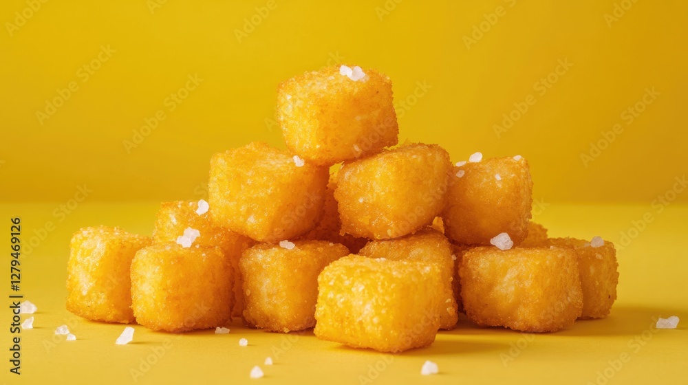 Golden Fried Potato Cubes, Salted and Stacked on Yellow Background Golden Fried Potato Cubes, Salted and Stacked on Yellow Background