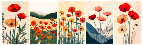 Poppies posters. Minimalistic flower cards, red wildflower design interior poppy painting set vector illustration
