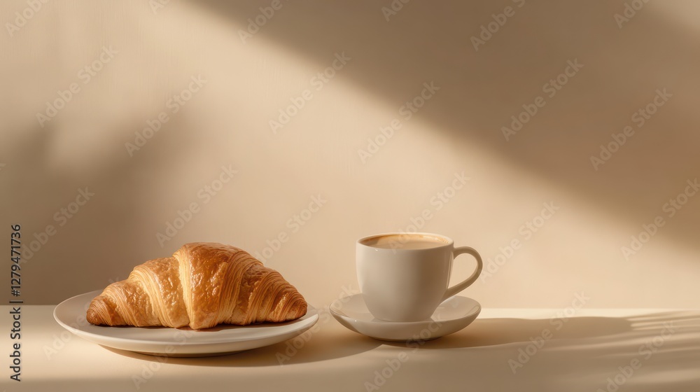 A simple yet elegant composition of warm coffee and a delicious croissant, bathed in natural daylight A simple yet elegant composition of warm coffee and a delicious croissant, bathed in natural daylight