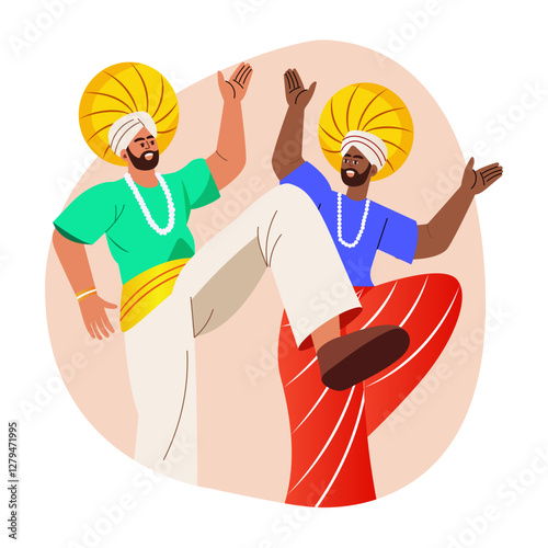 A flat style illustration of two characters wearing traditional outfit performing folk dance