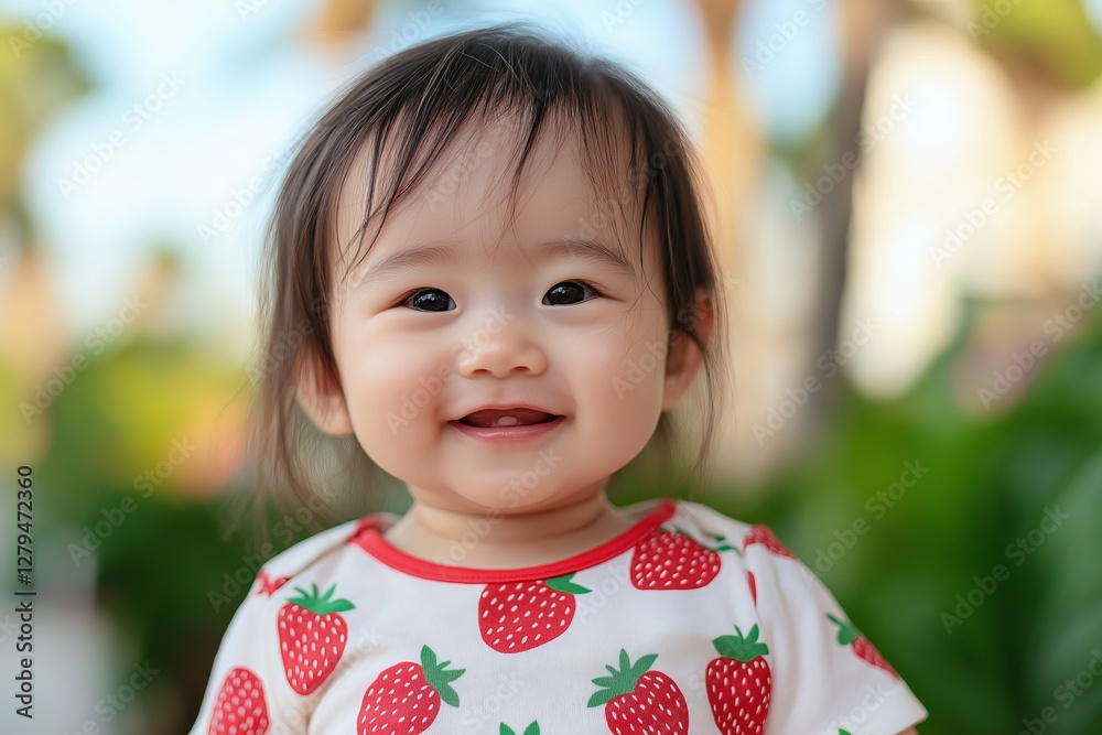 happy asian little baby girl wearing a tshirt with strawberry print, beach and palm trees in the background happy asian little baby girl wearing a tshirt with strawberry print, beach and palm trees in the background