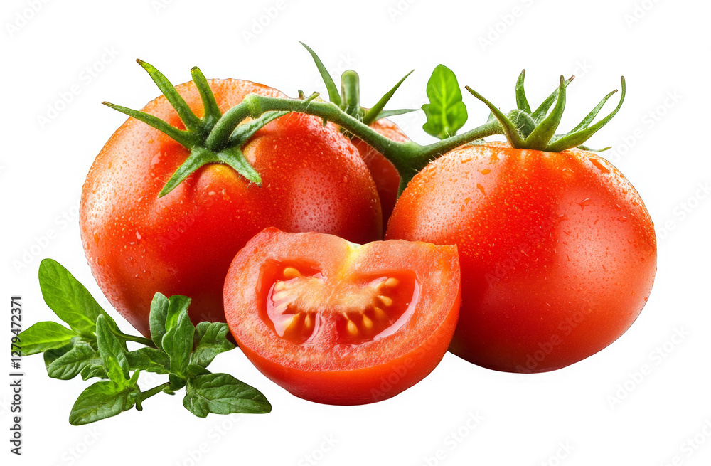 Fresh Red Tomatoes with Green Leaves and Water Droplets on White Background Fresh Red Tomatoes with Green Leaves and Water Droplets on White Background