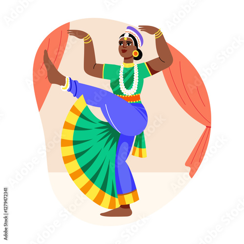 A flat style illustration of female character doing classical dance