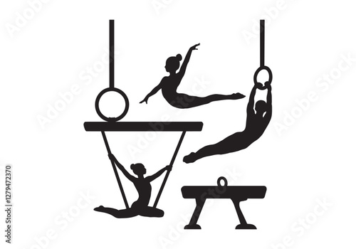 Gymnastics Vector Illustration: Artistic Gymnastics Silhouettes on Rings, Beam, and Parallel Bars