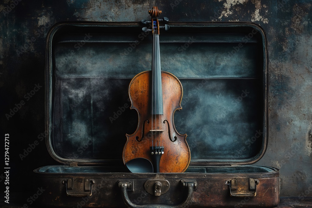 Naklejka premium Antique violin resting in open vintage case against textured background