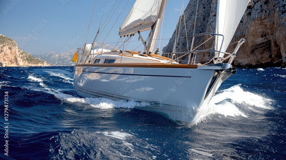 Obraz premium White sailing yacht cuts through deep blue sea water near rocky coastal cliffs during bright daytime.