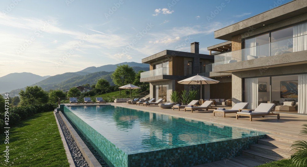 Fototapeta premium Luxury Villa with Infinity Pool and Mountain View - Stunning modern villa boasting an infinity pool overlooking breathtaking mountain scenery. Ideal for luxury getaways and relaxation