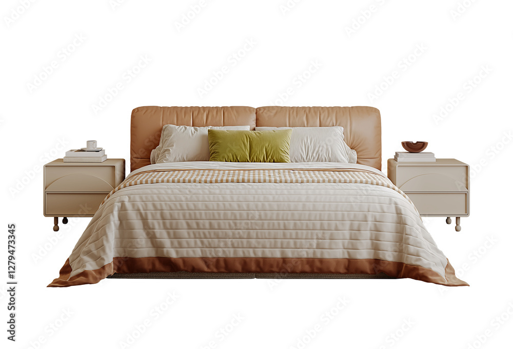 custom made wallpaper toronto digitalModern brown leather bed with pillows bedside table and bedding isolated PNG
