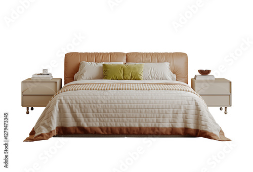 Wallpaper Mural Modern brown leather bed with pillows bedside table and bedding isolated PNG	 Torontodigital.ca