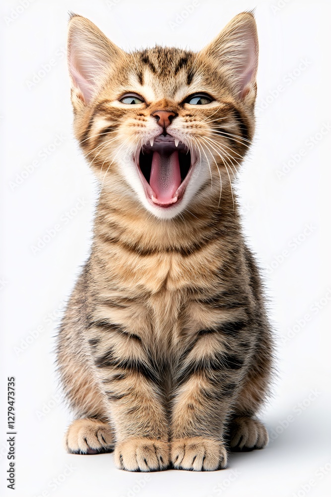 Fototapeta premium Adorable tabby kitten yawning on white background
