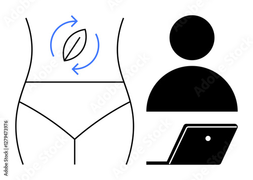 Abstract depiction of gut health with arrows indicating digestion, next to an icon of a person using a laptop. Ideal for health, wellness, digestion, e-learning, balance, nutrition, online education