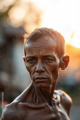 Emaciated man with a serious expression in black and white showcasing extreme thinness against sunset
