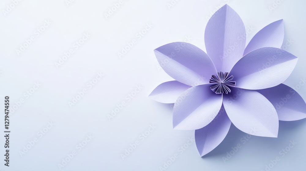 Fototapeta premium A soft lavender paper flower on a crisp white background, creating a minimalist design with open copy space