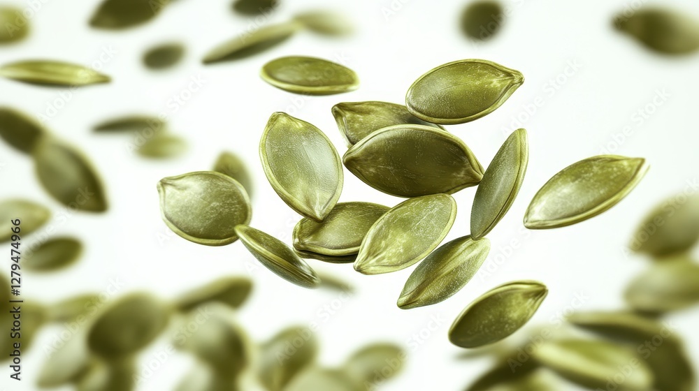 Naklejka premium Close-up of floating pumpkin seeds on white background