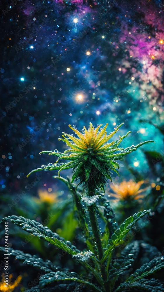 Fototapeta premium Rare cannabis cosmic weed plant with dewdrops, cannabis, microscopic cosmic weed structure, space dust, dreamy psychedelic weed plant, purple haze