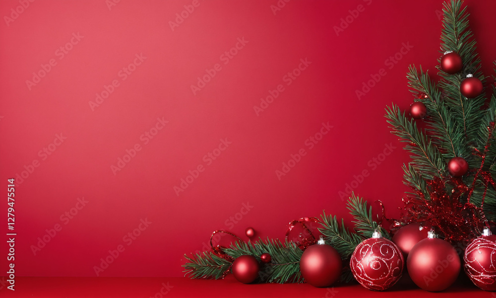 Festive decor featuring a Christmas tree and red ornaments against a striking red background Festive decor featuring a Christmas tree and red ornaments against a striking red background
