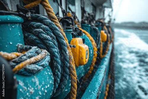 Frosty ropes and winches on a boat deck, icy spray, nautical theme, winter at sea. photo