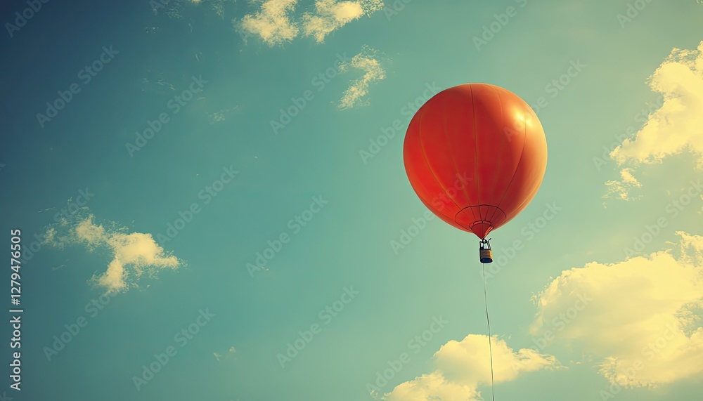 Obraz premium Single orange hot air balloon floats in a pale blue sky with fluffy clouds. Perfect for travel, freedom, and adventure concepts.