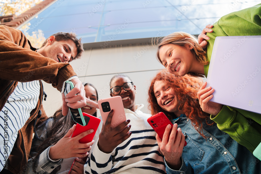 Obraz premium Group of cheerful friends enthusiastically sharing their smartphones and engaging in lively conversation while enjoying their time together in a bustling atmosphere of excitement and connection