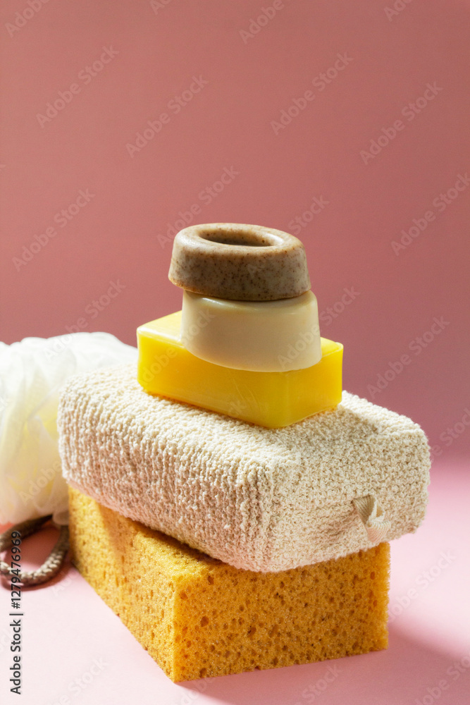 Set of bath accessories, sponges of different sizes and shapes and handmade soap on a pink background.