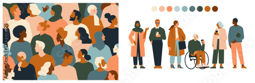 Crowd of young and elderly men and women in fashion clothes. Diverse group of stylish people standing together. Society or population, diverse team, social diversity. Flat cartoon vector illustration.