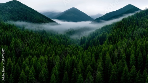 Fog rolling over evergreen forest covering mountain slopes