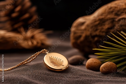 Golden pendant necklace with leaf laying on sand, luxury jewelry photo