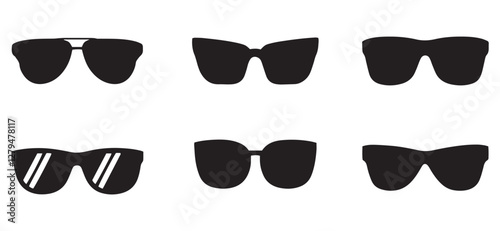 Sunglasses icons silhouette set. Black sunglass silhouette , men's glasses silhouette SVG and retro eyewear icon SVG. Polarized geek glasses silhouette, hipster sun lens ocular. vector set