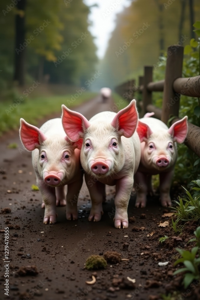Pig farm in Wallonia with pigs roaming freely outside the enclosure, bio, pigs Pig farm in Wallonia with pigs roaming freely outside the enclosure, bio, pigs