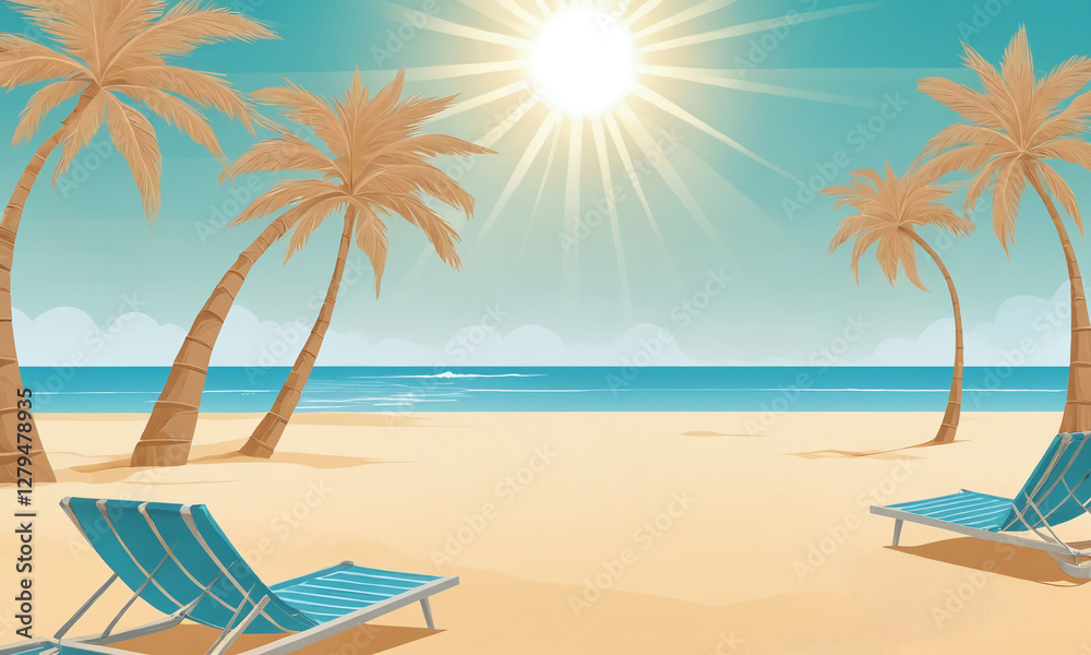 Obraz premium Sunny beach with palm trees and lounge chairs on a warm summer day by the ocean