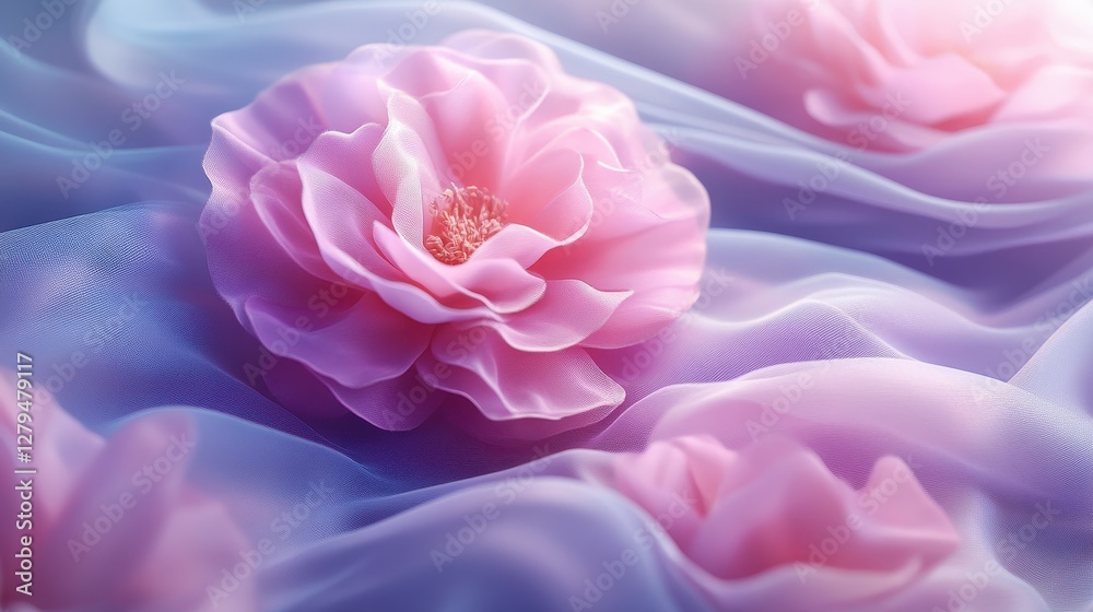 Delicate pink rose on soft purple fabric with gentle light Delicate pink rose on soft purple fabric with gentle light
