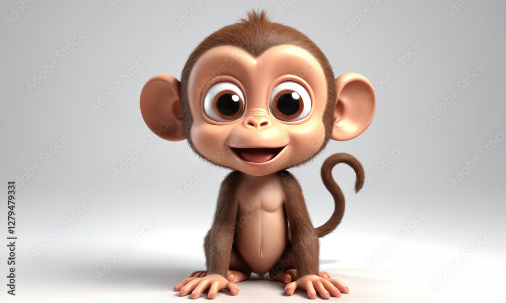 Fototapeta premium Cute animated monkey character with large eyes and playful expression sitting on the floor in a bright setting