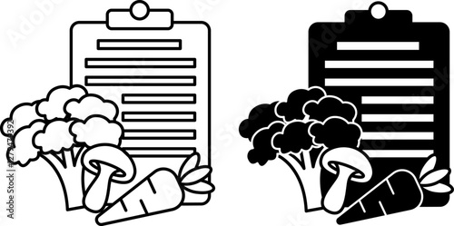 Diet Icons. Black and White Vector Drawings. Broccoli, Mushroom, Carrot and Meal Planner. Vegetable Diet. Sport and Gym Concept