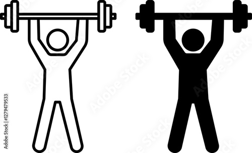 Weightlifting Icons. Black and White Vector Drawings. Athlete Lifting Barbell. Strength Training. Sport and Gym Concept