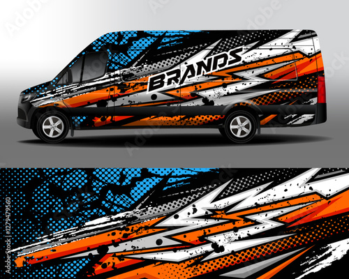 Delivery van vector design. Pop art car decal. Abstract comic explosion background with halftone dots black and blue for vinyl car sticker.