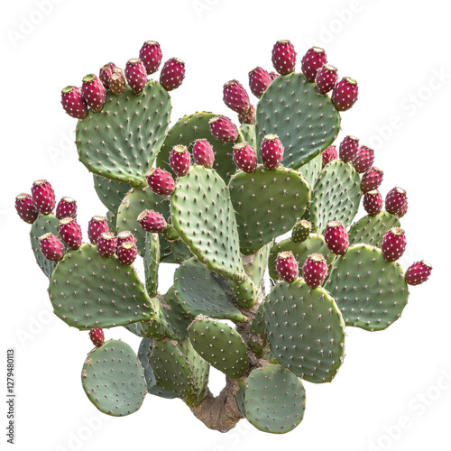 A vibrant prickly pear cactus (Opuntia) with lush green pads and bright red fruit, isolated on a transparent background.