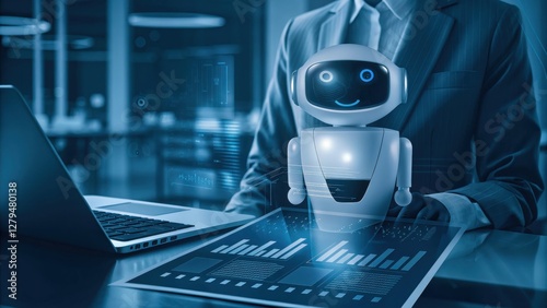 AI Bank Assistant Bot in Grey Suit Analyzing Financial Report with Laptop