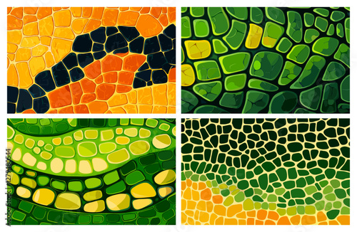 Reptile skin. Abstract snake scales crocodile dinosaur leather camouflage pattern material set vector illustration