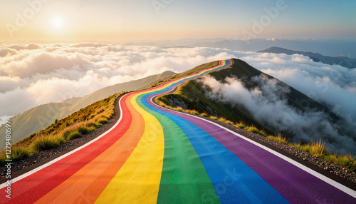 Colorful rainbow road winding through clouds at sunrise  