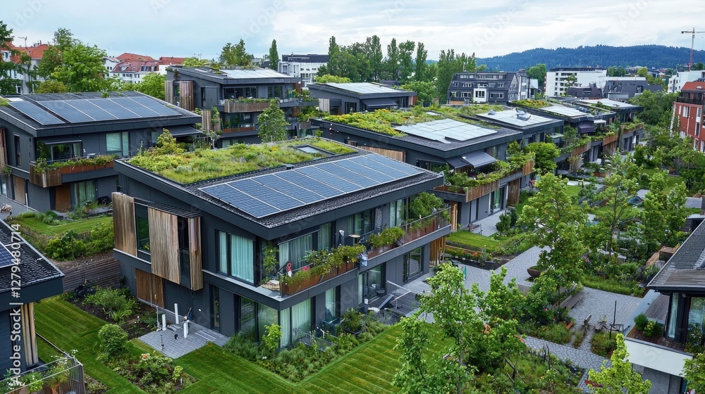 Fototapeta premium Eco-Friendly Housing Complex, Sustainable Living in a Greenery