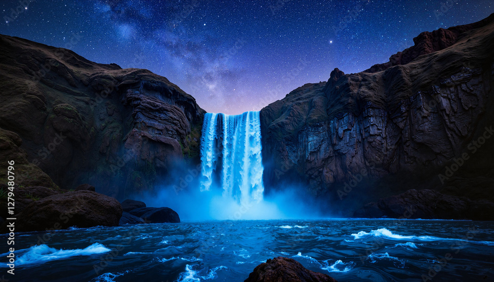 Naklejka premium Majestic waterfall cascading down rocky cliffs at night 