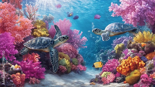 Sea turtles swimming vibrant coral reef ocean