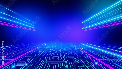 A tech-focused neon gradient background with high-contrast electric blue, neon green, and purple hues. Subtle circuit board lines and glowing digital elements enhance the futuristic and cybersecurity-